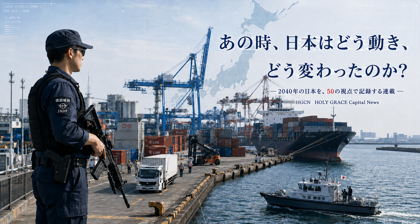 港湾警備中の接続維持軍人と港湾物流施設